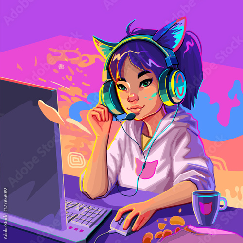 Asian girl gamer or streamer with with cat ears headset sits at a computer.