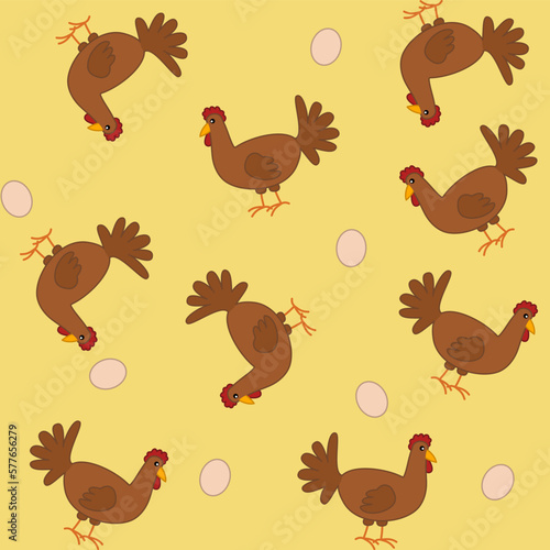 Paper pattern with brown chickens and eggs on yellow background