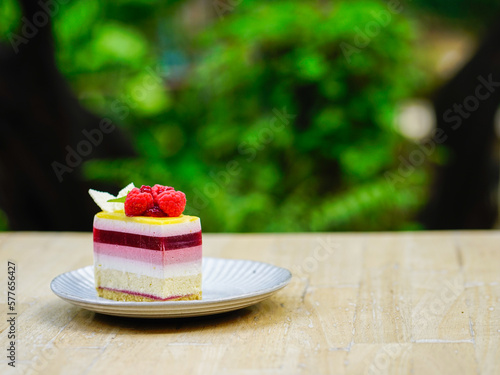 Rainbow raspberry cheesecake on white plate on wooden table in garden