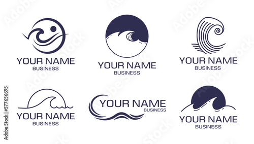 Edge ocean waves, marine logos. Sea water and sky, crushing sun, water spray and surf coast symbols. Business company name, emblem with liquid splashes. Vector current line pictograms set