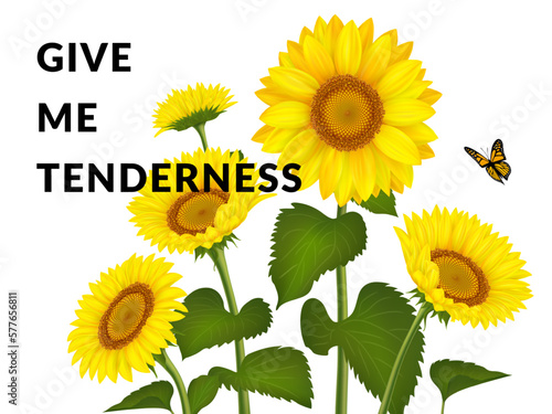 Yellow sunflower typography for girl clothes. Woman fashion apparel. Blooming blossoms. Flower bouquet. Beautiful butterfly art and lettering. Vector realistic neoteric card design
