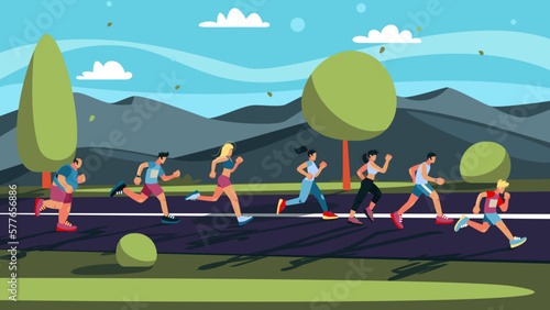 5K run marathon. Sport people. Runners race. Athlete men or women walk to event. Active lifestyle. Sprinters health workout. Sneaker shoes and sportswear. Vector illustration poster