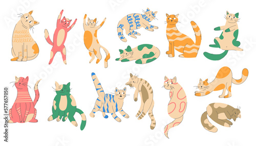 Cute doodle cats, funny kitten. Sketch style drawing animals, hand drawn love adorable cats stickers collection, happy pets portrait. Vector garish illustration cartoon flat characters