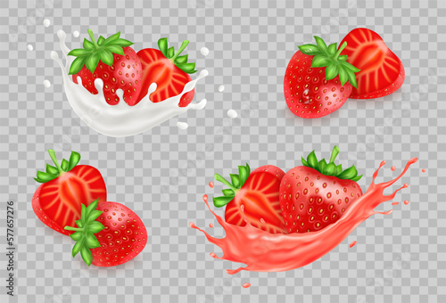 Tasty delicious strawberry, isolated cream or fresh juicy, half or slice of berry, yoghurt or milkshake splash in motion. Smoothie cocktail. Vector realistic neoteric 3d design elements set