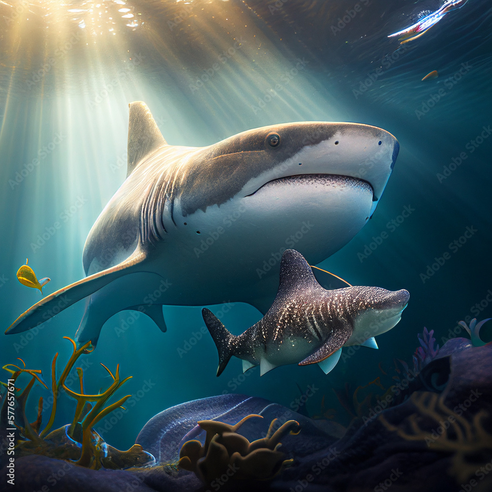 Obraz premium Shark playing with baby shark. 