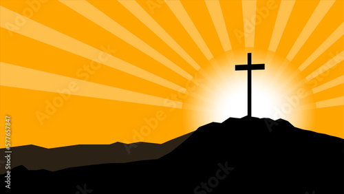 Silhouette of mountains landscape panorama background, with cross and sunrise sunset sunbeams, illustration icon vector for logo hiking adventure nature wildlife