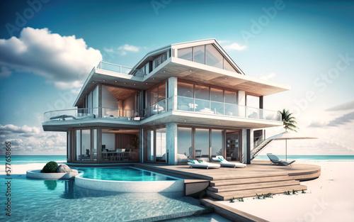 Luxury beach house with a pool and an empty terrace in contemporary style, a vacation home for a large family. Generative AI © EKH-Pictures