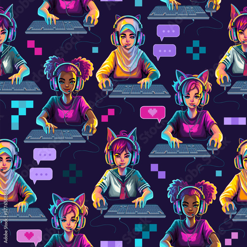 Abstract seamless pattern of diverse girls gamers or streamers sits in front of a computers.