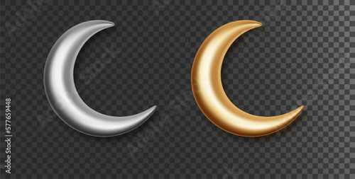Crescent isolated. Thin month 3d golden and silver decorative vector elements isolated on transparent background. Realistic Islamic symbol crescent moon set. photo