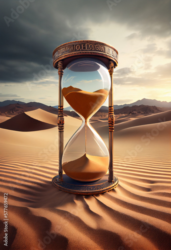 Hourglass in the desert. AI generated