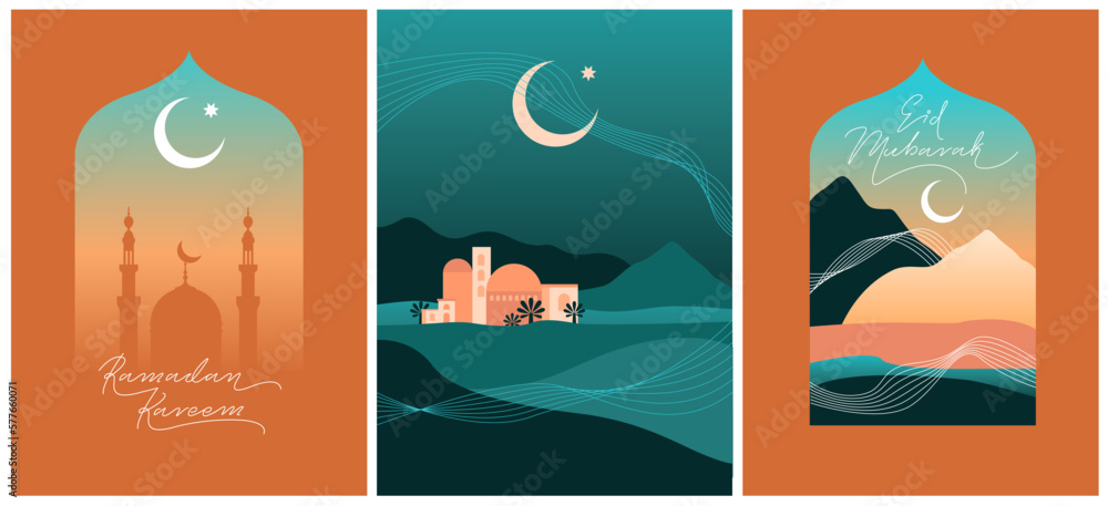 Ramadan Kareem Set of posters, holiday cards, covers. Modern colorful design with mosque, moon crescent