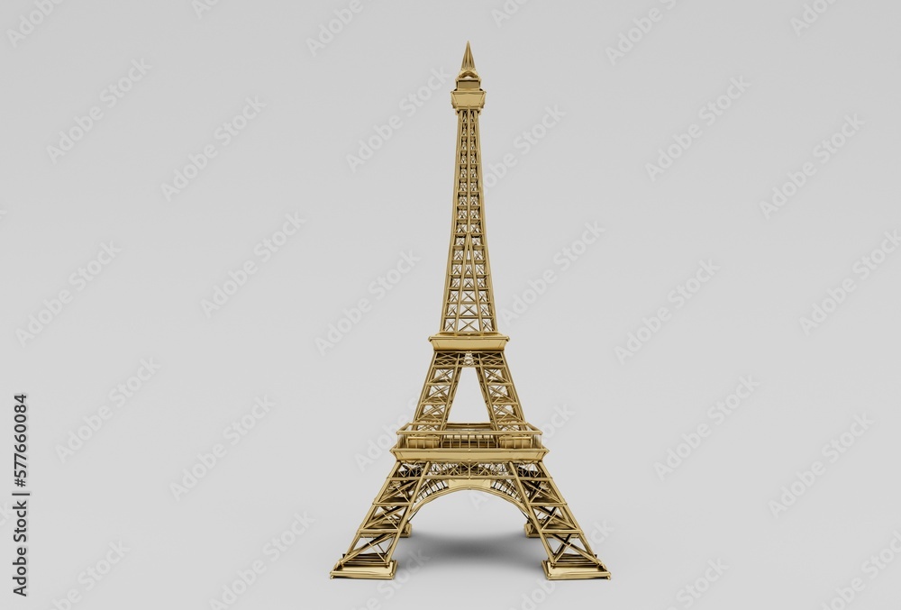 golden Eiffel Tower minimal 3d illustration on white background.