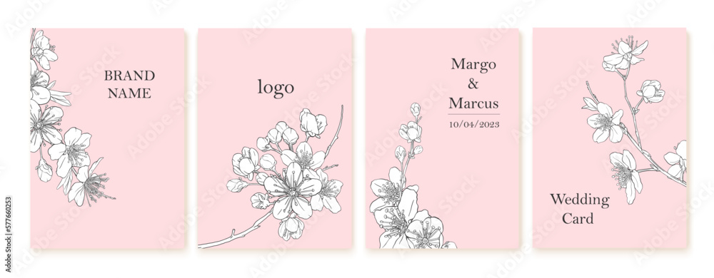 Set of spring backgrouds with sakura branch. Cherry blossoms. Design for card, wedding invitation, cover