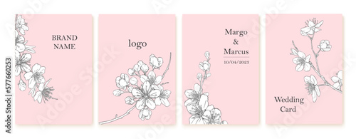 Set of spring backgrouds with sakura branch. Cherry blossoms. Design for card, wedding invitation, cover