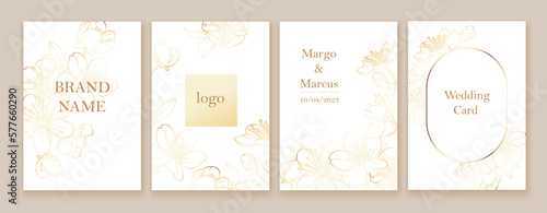 Set of spring backgrouds with sakura flowers. Cherry blossoms. Design for card, wedding invitation, cover, packaging, cosmetics. White and golden colors.
