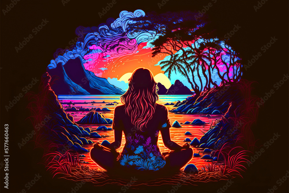 A woman in lotus pose on a beach at sunset with vibrant colors and a modern atmosphere. Contrasting hues of fluorescence against a black backdrop create an atmosphere of relaxation. Generative AI