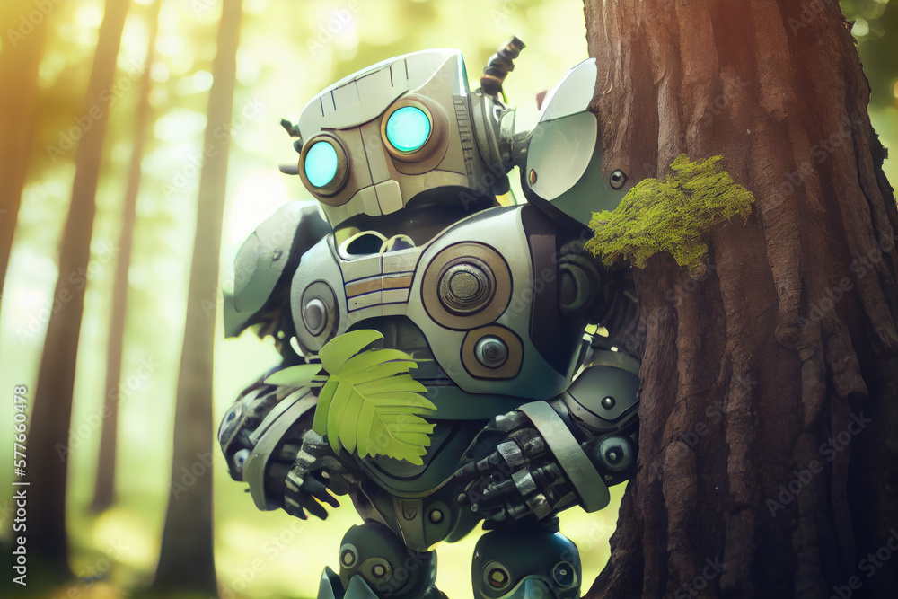 Robot hugging a tree, Generative AI Robot hugging a tree, Generative AI