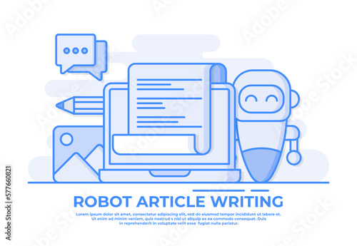 Robot article editor writing publicity posts, Writing articles using artificial intelligence, Robot copywriter writing article typing text document copywriting concept