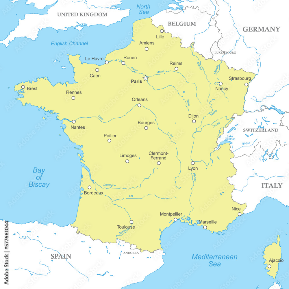 Political map of France with national borders