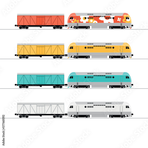 Modern locomotive and freight car. Side view. Flat vector illustration