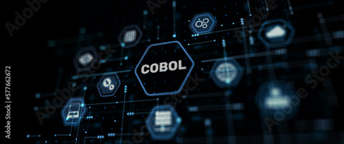 Cobol. Abstract background. Common Business Oriented Language. Computer programming language designed for business use.