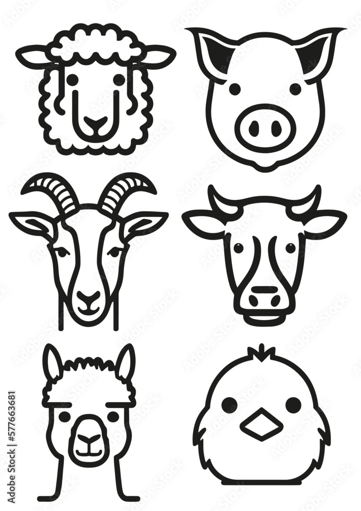 Set of six farm animals head icons Set of six farm animals head icons