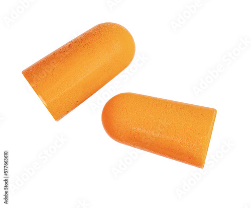 Orange earplugs isolated, top view, clipping path, png