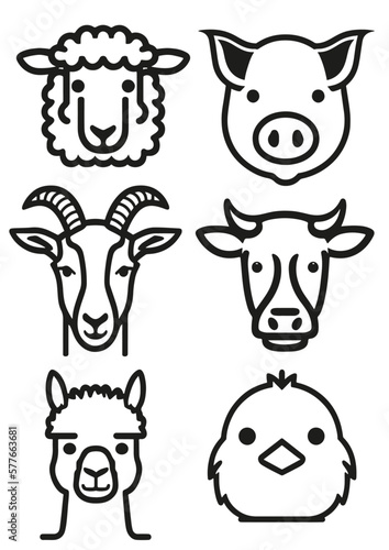 Set of six farm animals head icons