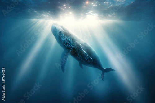 Blue whale swimming underwater. Marine animals wallpaper. Generative AI © Roman Samokhin