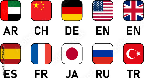 Soft Square Flag Icon Set of UAE United Arab Emirates China Germany USA United States of America UK United Kingdom Spain France Japan Russia and Turkey Flag Language Button Signs. Vector Image.