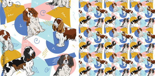Cavalier dog summer pastel wallpaper. Holiday abstract circles, squares, spirals, confetti. seamless background, repeatable pattern. Birthday wallpaper, Christmas present, print tiles. Geometric.