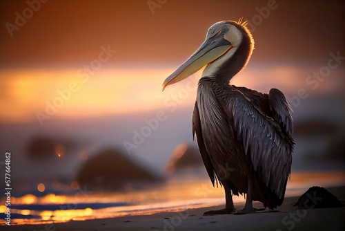 A brown pelican on the beach at sunset. Generative AI, Generative, AI