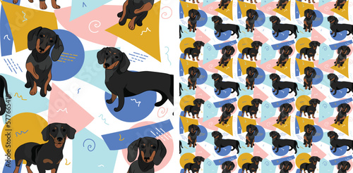 Dachshund dog summer pastel wallpaper. Holiday abstract circles, squares, spirals, confetti. seamless background, repeatable pattern. Birthday wallpaper, Christmas present, print tiles.Geometric style