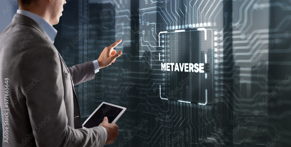Clicking on the virtual screen: metaverse on processor icon. Global Internet connection metaverse Clicking on the virtual screen: metaverse on processor icon. Global Internet connection metaverse