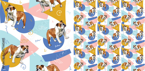 English Bulldog dog summer pastel wallpaper. Holiday abstract circles, squares, spirals, confetti. seamless background, repeatable pattern. Birthday wallpaper, Christmas present, print tiles.Geometric