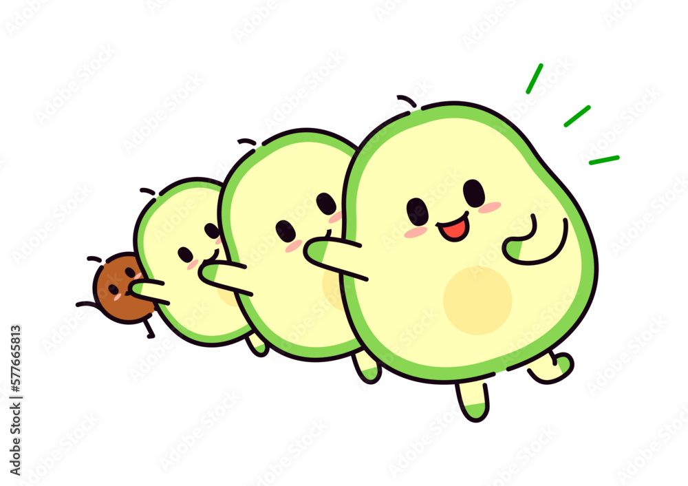 Several cute avocado characters are standing in a line and waving and welcoming. Several cute avocado characters are standing in a line and waving and welcoming.