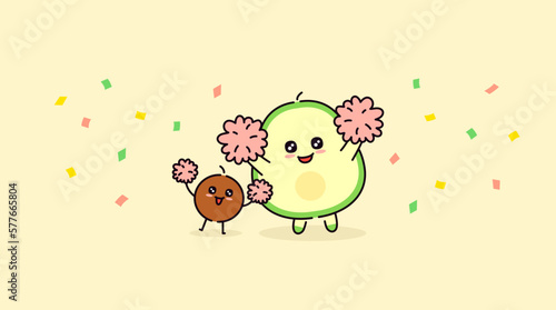 Two cute avocado characters are cheering happily with their pompoms. One is avocado seed and one is seedless avocado. The pollen is flying.