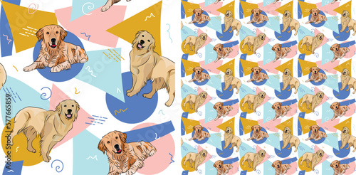 Golden retriever dog summer pastel wallpaper. Holiday abstract circles, squares, spirals, confetti. seamless background, repeatable pattern. Birthday wallpaper, Christmas present, print tiles.