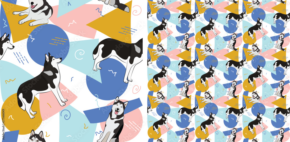 Husky dog summer pastel wallpaper. Holiday abstract circles, squares, spirals, confetti. seamless background, repeatable pattern. Birthday wallpaper, Christmas present, print tiles. Geometric style. Husky dog summer pastel wallpaper. Holiday abstract circles, squares, spirals, confetti. seamless background, repeatable pattern. Birthday wallpaper, Christmas present, print tiles. Geometric style.