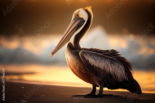 A brown pelican on the beach at sunset. Generative AI, Generative, AI