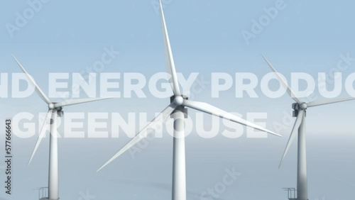 Close up of Horizontal Axis Large Turbines. Three Blades Rotating. Wind Energy Produces no Greenhouse Gases. Innovative Technology. Modern Windmill. Electrical Power. Sustainability. 3D Animation photo