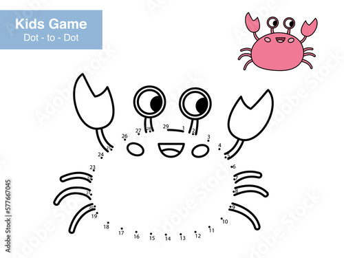 Number game. Dot to dot. Cute crab. Cartoon sea animals. Educational puzzle. Printable activity page for children. Connect the dots and color. Vector illustration.