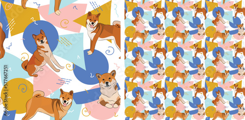 Shiba Inu dog summer pastel wallpaper. Holiday abstract circles, squares, spirals, confetti. seamless background, repeatable pattern. Birthday wallpaper, Christmas present, print tiles.Geometric style