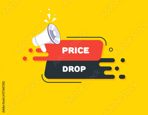 Falling prices. Vector, PR move, popularization, content, pricing policy, action, strategy, work, business, bright, loudspeaker, product, sales, market, advertising. Business concept. Illustration
