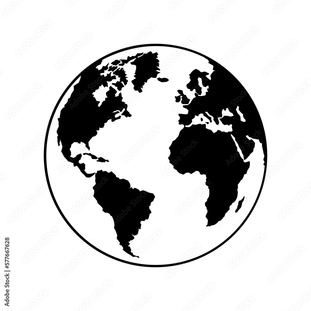 Planet Earth globe world silhouette black and white icon vector. Planet Earth graphic design element isolated on a white background. World map template with continents Africa, America, Europe vector