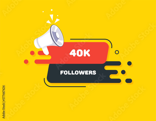 40K followers. Vector, flat, colorful, loudspeaker, content, media, popularity, blogger, internet, network, communication, article, achievement, congratulation, holiday. Content concept. Illustration