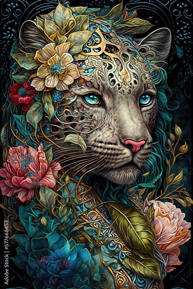 Un portrait détaillé du léopard rose tropical avec des fleurs ornées et tropicales.
