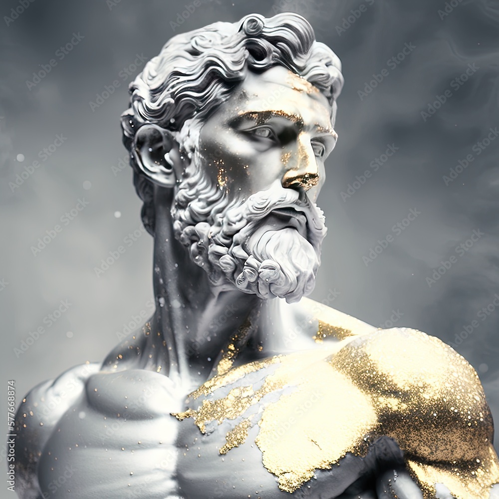 Statue stoïcienne en marbre sculpté aux accents dorés. Personne grecque antique dépeignant le stoïcisme