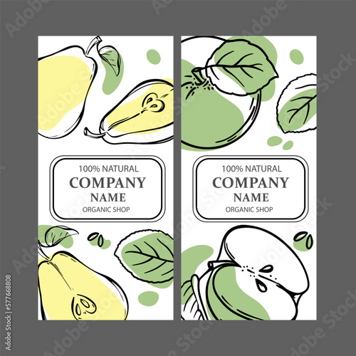 PEAR APPLE LABELS Vertical Stickers Design For Shop Of Tropical Organic Natural Fresh Juicy Fruits And Dessert Drinks In Sketch Style Vector Illustration Set