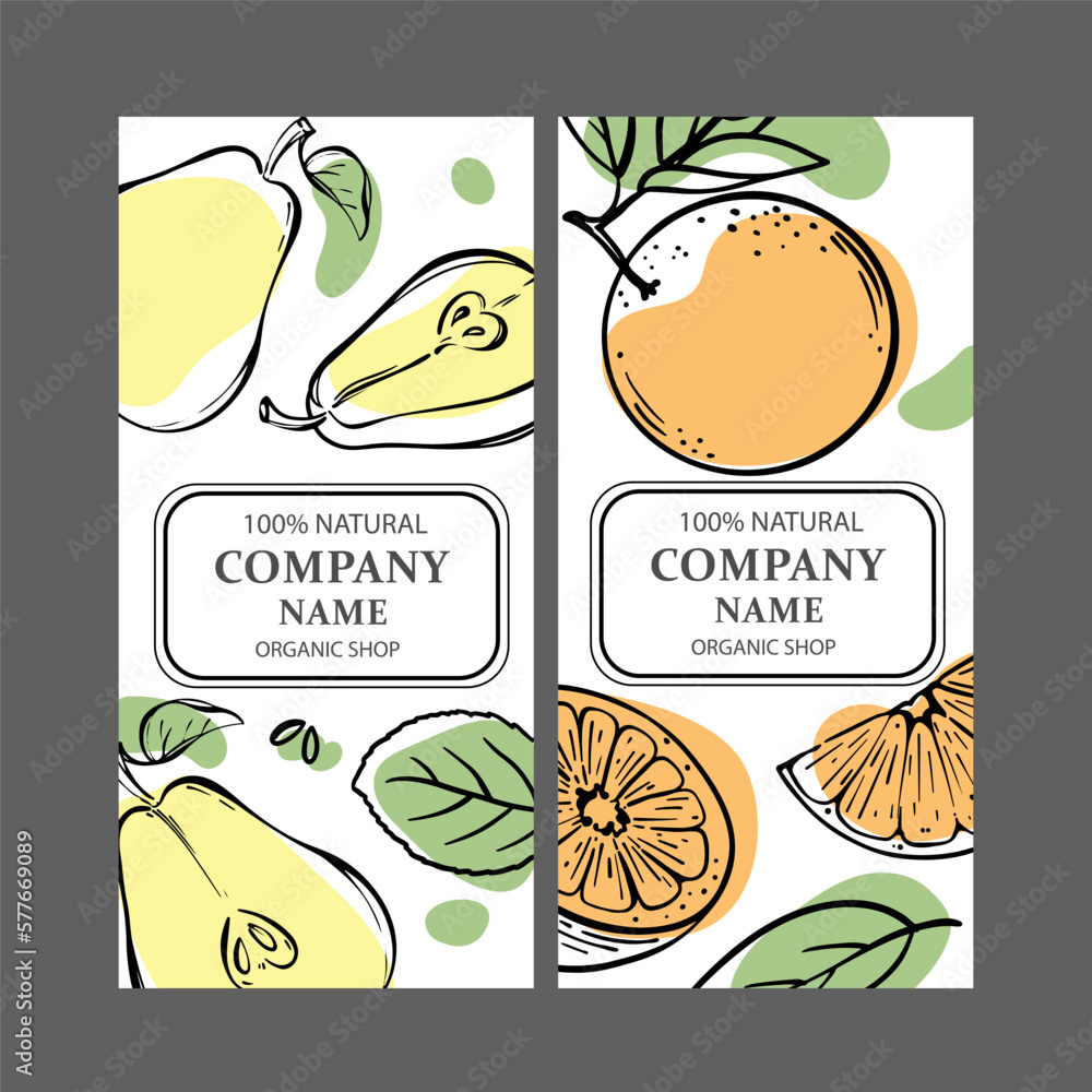 PEAR ORANGE LABELS Vertical Stickers Design For Shop Of Tropical Organic Natural Fresh Juicy Fruits And Dessert Drinks In Sketch Style Vector Illustration Set